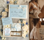 Prezenty dla Panny Młodej  zestawy z koszulką na noc poślubną Prezent na wieczór Panieński - komplet na noc poslubną box prezentowy z podwiązką i bransoletką coś niebieskiego 0