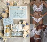 Prezenty dla Panny Młodej  zestawy z koszulką na noc poślubną Prezent na wieczór Panieński - komplet na noc poslubną box prezentowy z podwiązką coś niebieskiego 4