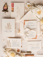 Zaproszenia ślubne Wydzierane Brzegi Zaproszenia ślubne miedziane rogi, delikatne zaproszenia na ślub z miedzią, zaproszenie glamour z jedwabną wstążką, zaproszenie ze szkicem miejsca wesela2