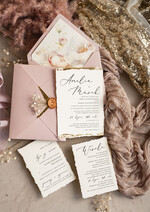 Zaproszenia ślubne Wydzierane Brzegi złocone darte zaproszenia ślubne, eleganckie wydzierane zaproszenia na ślub, złote zaproszenia slubne ze wstążką szyfonową2