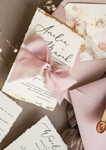 Zaproszenia ślubne Wydzierane Brzegi złocone darte zaproszenia ślubne, eleganckie wydzierane zaproszenia na ślub, złote zaproszenia slubne ze wstążką szyfonową13