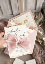 Zaproszenia ślubne Wydzierane Brzegi złocone darte zaproszenia ślubne, eleganckie wydzierane zaproszenia na ślub, złote zaproszenia slubne ze wstążką szyfonową1