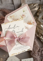 Zaproszenia ślubne Wydzierane Brzegi złocone darte zaproszenia ślubne, eleganckie wydzierane zaproszenia na ślub, złote zaproszenia slubne ze wstążką szyfonową4