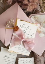 Zaproszenia ślubne Wydzierane Brzegi złocone darte zaproszenia ślubne, eleganckie wydzierane zaproszenia na ślub, złote zaproszenia slubne ze wstążką szyfonową5