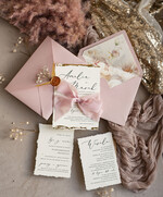 Zaproszenia ślubne Wydzierane Brzegi złocone darte zaproszenia ślubne, eleganckie wydzierane zaproszenia na ślub, złote zaproszenia slubne ze wstążką szyfonową0