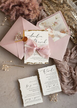 Zaproszenia ślubne Wydzierane Brzegi złocone darte zaproszenia ślubne, eleganckie wydzierane zaproszenia na ślub, złote zaproszenia slubne ze wstążką szyfonową6