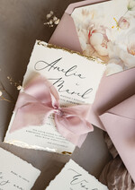 Zaproszenia ślubne Wydzierane Brzegi złocone darte zaproszenia ślubne, eleganckie wydzierane zaproszenia na ślub, złote zaproszenia slubne ze wstążką szyfonową8