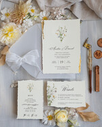 Zaproszenia ślubne Wydzierane Brzegi Zaproszenia Ślubne Z Płatkami Złota, Delikatne Zaproszenia Na Ślub Ze Złotem, Zaproszenie Glamour Z Białą Wstążką, Darte Krawędzie W Zaproszeniach Ślubnych1