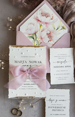 Zaproszenia ślubne z perełkami / tłoczeniem darte złocone zaproszenia ślubne z perełkami, różowe peonie zaproszenie na ślub z perełkam, rwane złocone zaproszenie na ślub cywilny perły i piwonie12