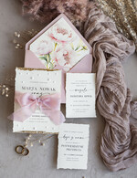 Zaproszenia ślubne z perełkami / tłoczeniem darte złocone zaproszenia ślubne z perełkami, różowe peonie zaproszenie na ślub z perełkam, rwane złocone zaproszenie na ślub cywilny perły i piwonie0