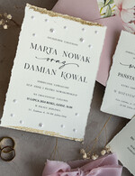 Zaproszenia ślubne z perełkami / tłoczeniem darte złocone zaproszenia ślubne z perełkami, różowe peonie zaproszenie na ślub z perełkam, rwane złocone zaproszenie na ślub cywilny perły i piwonie5