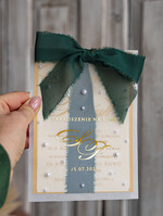 Zaproszenia ślubne z perełkami / tłoczeniem złote zaproszenia ślubne z perełkami, eleganckie zaproszenie na ślub w kalkowym etui,  złocone zaproszenie na ślub cywilny perły4