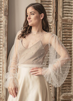 Panna Młoda Bolerka bolerka, narzutki, sweterki bolerko na letni ślub, bolerko z perełkami dla Panny Młodej, bolerko do sukni ślubnej w kolorze ecru, bolerko z szerokimi rękawami0