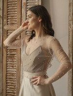 Panna Młoda Bolerka bolerka, narzutki, sweterki perełkowe bolerko na letni ślub, bolerko z perełkami dla Panny Młodej, bolerko do sukni ślubnej w kolorze ecru, narzutka z perełkami do sukni ślubnej5