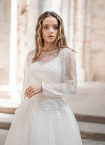 Panna Młoda Bolerka bolerka, narzutki, sweterki Delikatne szyfonowe bolerko ślubne z dlugim rekawem,  Bolerko ślubne Boho z odkrytymi plecami, delikatna mgiełka5