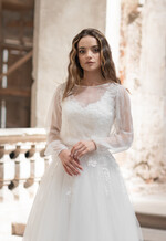 Panna Młoda Bolerka bolerka, narzutki, sweterki Delikatne szyfonowe bolerko ślubne z dlugim rekawem,  Bolerko ślubne Boho z odkrytymi plecami, delikatna mgiełka0