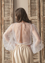 Panna Młoda Bolerka bolerka, narzutki, sweterki bolerko na letni ślub, bolerko z perełkami dla Panny Młodej, bolerko do sukni ślubnej w kolorze białym, bolerko z szerokimi rękawami8