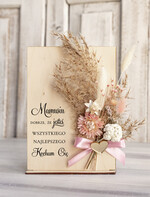 Prezenty dla Mamy kwiaty flowerboxy drewniana tabliczka z życzeniami na dzień Mamy prezent dla Mamy z okazji dnia Matki, kwiaty prezent dla mamy, kompozycja z suszonych kwiatów0