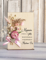 Prezenty dla Mamy flowerboxy, box ze słodyczami  drewniana tabliczka z życzeniami na dzień Mamy prezent dla Mamy z okazji dnia Matki, kwiaty prezent dla mamy, kompozycja z suszonych kwiatów 0
