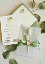 Zaproszenia na Komunię  chłopiec szałwiowe złocone zaproszenia na Komunię nowoczesne  Kalkowe Zaproszenia komunijne personalizowane0