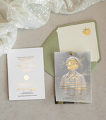 Zaproszenia na Komunię  chłopiec szałwiowe złocone zaproszenia na Komunię ze zdjęciem  Kalkowe Zaproszenia komunijne personalizowane3