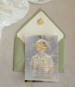 Zaproszenia na Komunię  chłopiec szałwiowe złocone zaproszenia na Komunię ze zdjęciem  Kalkowe Zaproszenia komunijne personalizowane1