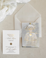 Zaproszenia na Komunię  chłopiec złocone zaproszenia na Komunię ze zdjęciem  Kalkowe Zaproszenia komunijne personalizowane7