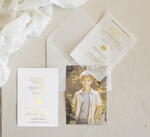 Zaproszenia na Komunię  chłopiec złocone zaproszenia na Komunię ze zdjęciem  Kalkowe Zaproszenia komunijne personalizowane2