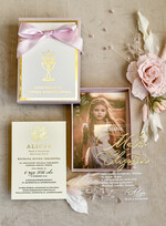 Zaproszenia na Komunię  Dla Chrzestnych i Dziadków Różowo Złote Zaproszenia na Komunię w Pudełku ze zdjęciem Zaproszenie Komunijne dla Matki Chrzestnej i Ojca Chrzestnego  lub dla Babci i Dziadka5