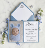 ZAPROSZENIA NA CHRZCINY dla chłopca zaproszenie na Chrzest Niebieskie Klasyczne zaproszenie na chrzciny ze zdjęciem dziecka 1