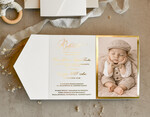 ZAPROSZENIA NA CHRZCINY dla chłopca Boho Złocone Zaproszenie na Chrzest w folderze, Eleganckie Zaproszenia na Chrzciny ze Zdjęciem 1