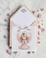 ZAPROSZENIA NA CHRZCINY dla dziewczynki   Różowe Zaproszenie na Chrzest z Aniołkiem, Eleganckie Zaproszenia na Chrzciny ze Zdjęciem 0