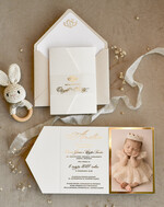 ZAPROSZENIA NA CHRZCINY dla dziewczynki  Złocone Zaproszenie na Chrzest, Eleganckie Zaproszenia na Chrzciny ze Zdjęciem 0