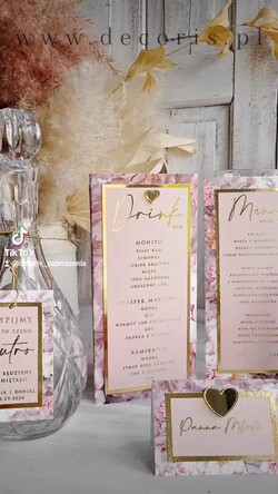 Menu glamour menu i numerek na stół weselny, karta dań weselnych, różowo złote menu weselne, menu i numerek na stół w jednym, eleganckie menu na stół weselny1