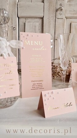 Winietki glamour winietki z perełkami ślubne wizytówki z perełkami winietki na stół weselny, różowo złote winietki z perełkami, eleganckie winietki ślubne z perełkami1
