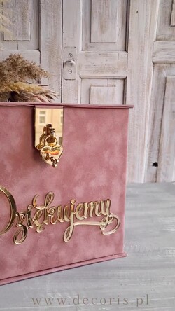 Pudełko na koperty  glamour Szybka wysyłka weselna skrzynka na koperty z życzeniami, welurowa kopertówka dla Młodej Pary, pudełko na koperty ze złotymi napisami1