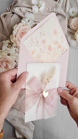 Zaproszenia ślubne Złote Glamour eleganckie zaproszenie na ślub z suszonym dmuszkiem, wyjątkowe zaproszenia ślubne z dmuszkiem, zaproszenia na ślub w stylu glamour1